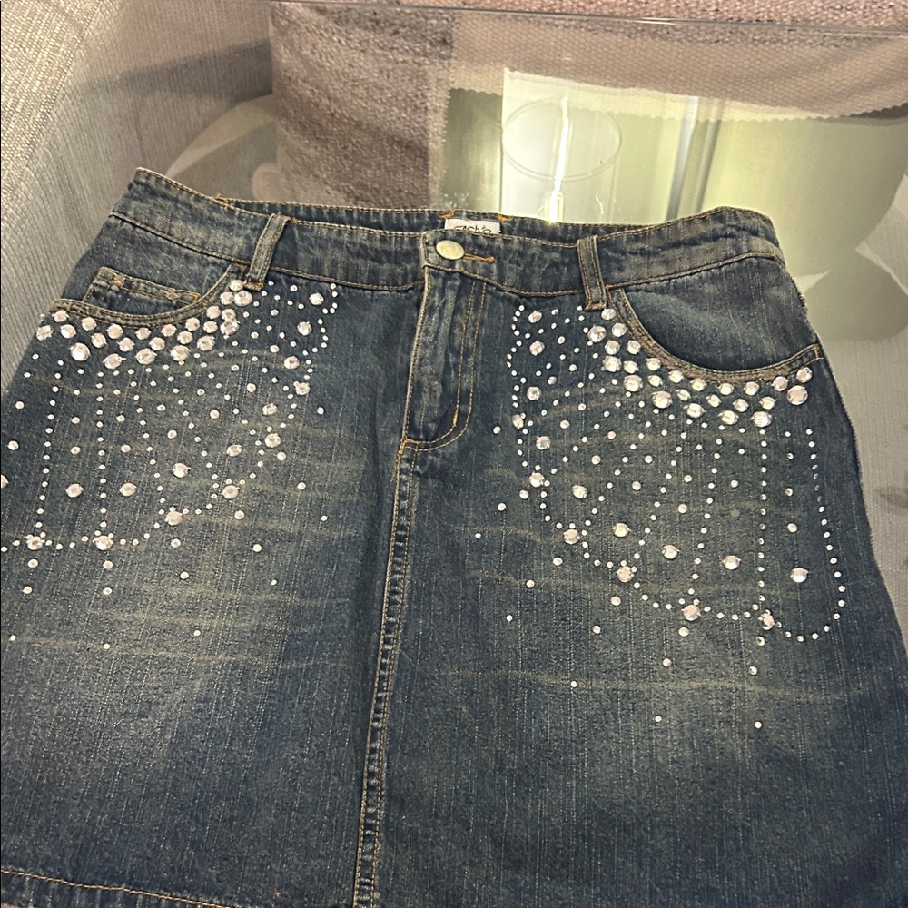 Cache Dark Blue Denim Skirt with Gold Stitching